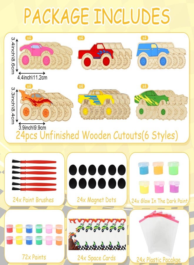 LARDUX Monster Truck Party Favors, 24PCS DIY Wooden Arts & Crafts Painting Kit for Kids, Glow in The Dark Party Favors Family Crafts Birthday Party Christmas Gifts Toys for Boys Girls - Image 2